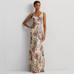 Lauren Ralph Lauren Metallic Floral Chiffon Gown, Size 8 New w/Tag